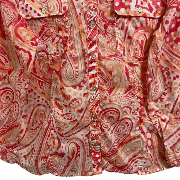 Chico's Coral Pink Paisley Button Up Shirt Resortwear Coastal Boho Size 2 Large - Picture 10 of 13